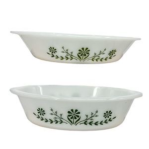 VTG Crazy Daisy Glasbake Casserole & Divided Dish green white milk glass 1 qt